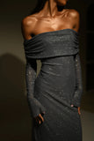 Marcel Off Shoulder Diamante Maxi Dress Gunmetal
