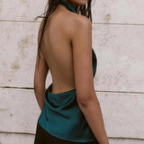 Women Halter Top Cowl Neck Backless Satin Silk Tank Tops Elegant Going Out Clubwear