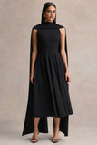 Nova Black High Neck Midi Dress With Cape Sleeves
