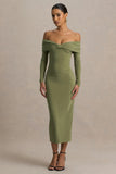 Spark Olive Bardot Neck Midi Dress With Bow Detail
