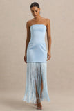 Trinity Powder Blue Satin Bandeau Maxi Dress With Fringe