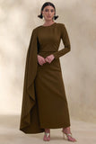 Jovea Olive Round Neck Maxi Dress With Cape Sleeve