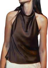 Women Halter Top Cowl Neck Backless Satin Silk Tank Tops Elegant Going Out Clubwear