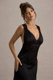 Beck Black Satin Plunge Neck Cross Back Midi Dress