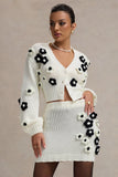 Louvre Cream Black Knit Cropped Floral Cardigan