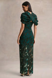 Hada Dark Green Satin Devore Square Neck Maxi Dress With Removable Twisted Cape