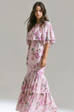 Never Let Go Pink Floral Print Chiffon Maxi Dress With Tiered Hem
