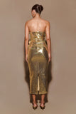 Cassia Strapless Sequin Rose Midi Dress Gold