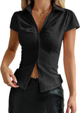 Women Button Down Shirt Y2k Short Sleeve Collared Fitted Blouse Tie Back Going Out Tops