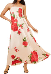 Women Boho Floral Maxi Dress Backless Spaghetti Strap A Line Flowy Summer Vacation Long Dress