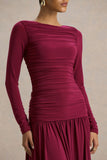 Aniyah Burgundy Slashed Neck Maxi Dress With Ruched Detailing