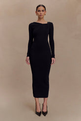 Culver Draped Twist Knit Midi Dress Black
