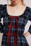 Women Plaid Maxi Dress Long Puff Sleeve Square Neck Flowy Boho Dress Bow Tie Smocked Fall Dresses