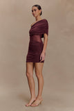Dallas One Shoulder Mesh Mini Dress Mahogany