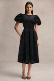 Seraphic Black Velvet Puff Sleeve Midi Dress