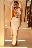 Stassi Orange Floral Placement Print Ruched Split Maxi Skirt