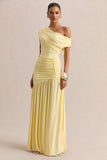 Kady Lemon Asymmetric Neck Maxi Dress With Ruched Detailing