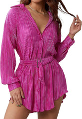 Women Shirt Dresses Long Sleeve Pleated Mini Dress Casual Button Down Tunic Tops with Belt Vintage Streetwear