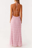 Women Backless Dress Sleeveless Textured Halter Open Back Maxi Dresses Vacation Wedding Guest