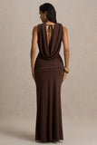 Serafina Chocolate Extreme Plunge Neck Maxi Dress With Wrap And Ruched Details