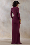Solarium Burgundy Long Sleeve Maxi Dress With Gold Detail