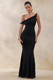 Afina Black Lace Asymmetric Neck Maxi Dress