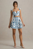 Modella Blue Porcelain Print Skater Mini Skirt