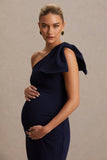 Adorn Navy Asymmetric Maternity Midi Dress With Shoulder Bow Detail