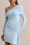 Savita Powder Blue Ruched Asymmetric Mini Dress With Drape