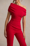 Alexandra Red Asymmetric Neck Draped Jumpsuit