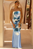 Ceremony Large Blue Floral Print Bandeau Fishtail Maxi Dress