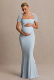 Dome Powder Blue Square Neck Mesh Sleeve Maternity Maxi Dress