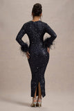 Analina Navy Sequin Long Sleeved Midi Dress With Feather Cuffs