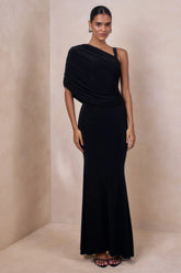 Sylvie Black Asymmetric Neck Maxi Dress