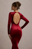Keaton Berry Velvet Long Sleeve Open Back Maxi Dress