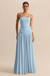 Nicolette Powder Blue Square Neck Maxi Dress With Ruched Detailing