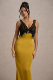 Sahara Mustard Satin V Neck Maxi Dress With Black Lace Trim