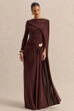 Orintha Brown Slashed Neck Maxi Dress With Cape And Gold Detail