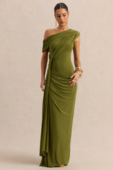 Avialee Green Asymmetric Neck Maxi Dress With Gathered Detailing And Sash