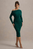 Sinclair Bottle Green Ruched One Shoulder Bodycon Midi Dress