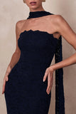 Massima Navy Lace Bandeau Maxi Dress With Scarf Detail