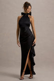 Maureen Black Satin High Neck Draped Maxi Dress