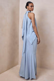 Vayla Powder Blue Matte Satin Asymmetric Drop Waist Maxi Skirt