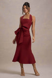 Aman Berry Halter Neck Midi Dress With Oversized Bow