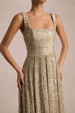 Lima Champagne Sequin Square Neck A Line Midi Dress