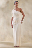 Iberia Cream Asymmetric Neck Maxi Dress With Draped Detail
