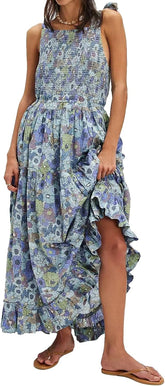 Women Floral Maxi Dress Tie Shoulder Cutout Backless Boho Smocked Flowy Dresses Summer Fall Sundress