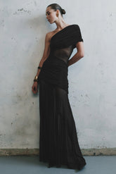 Dallas One Shoulder Mesh Maxi Dress Black
