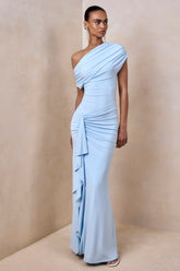 Siora Powder Blue Asymmetric Neck Maxi Dress With Draped Detailing