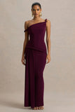 Tulisa Burgundy Asymmetric Neck Maxi Dress With Twist Sleeves And Ruched Detailing